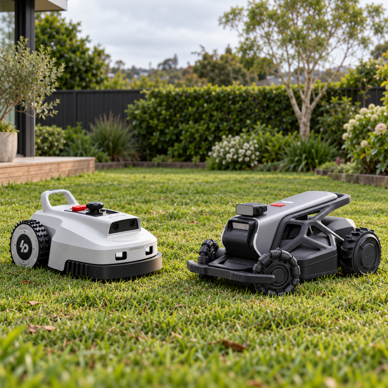 Illustrative scene of two robot mowers on a residential lawn